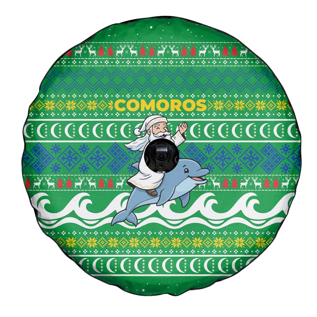 Comoros Christmas Spare Tire Cover with Santa Riding Dolphin Ocean Waves Crescent Moon and Tribal Pattern - Wonder Print Shop