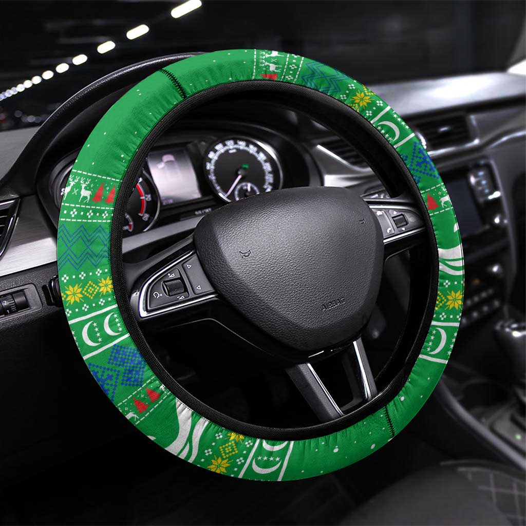 Comoros Christmas Steering Wheel Cover with Santa Riding Dolphin Ocean Waves Crescent Moon and Tribal Pattern - Wonder Print Shop