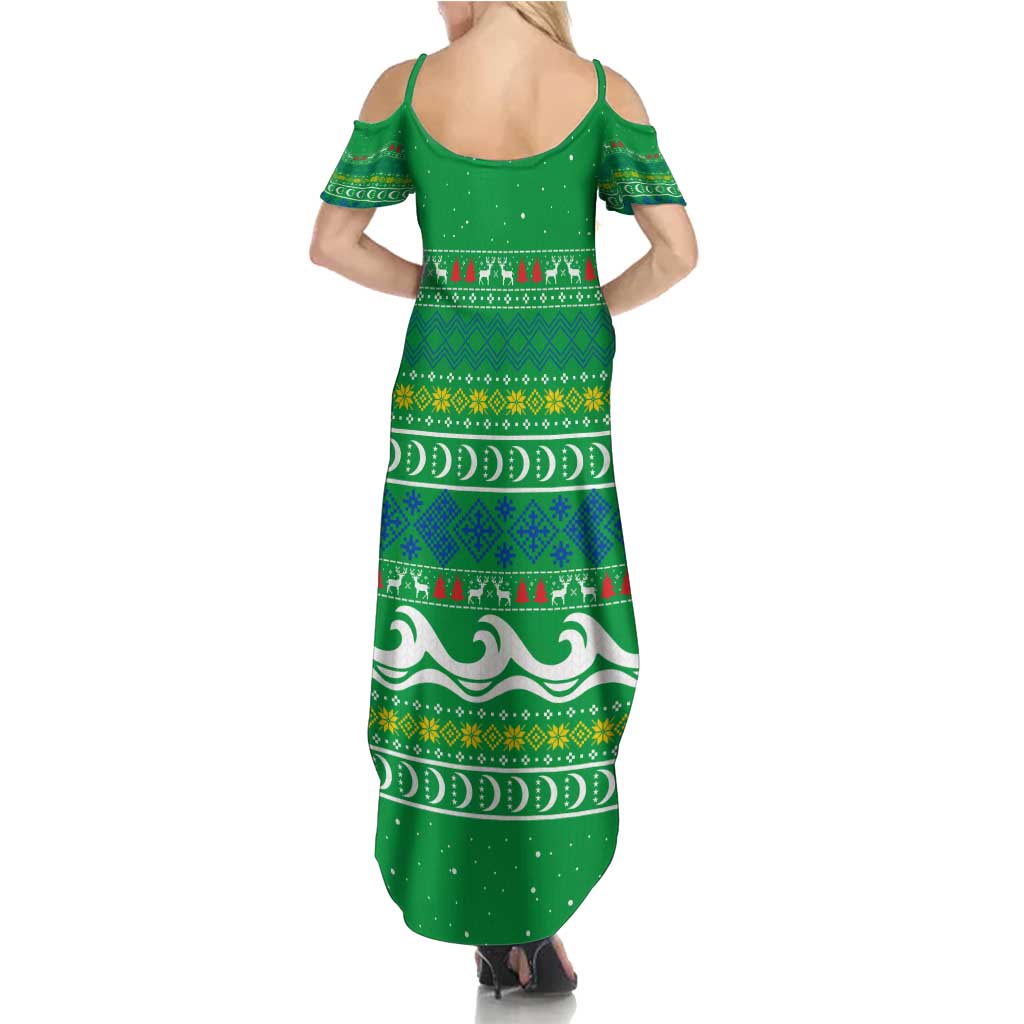 Comoros Christmas Summer Maxi Dress with Santa Riding Dolphin Ocean Waves Crescent Moon and Tribal Pattern - Wonder Print Shop
