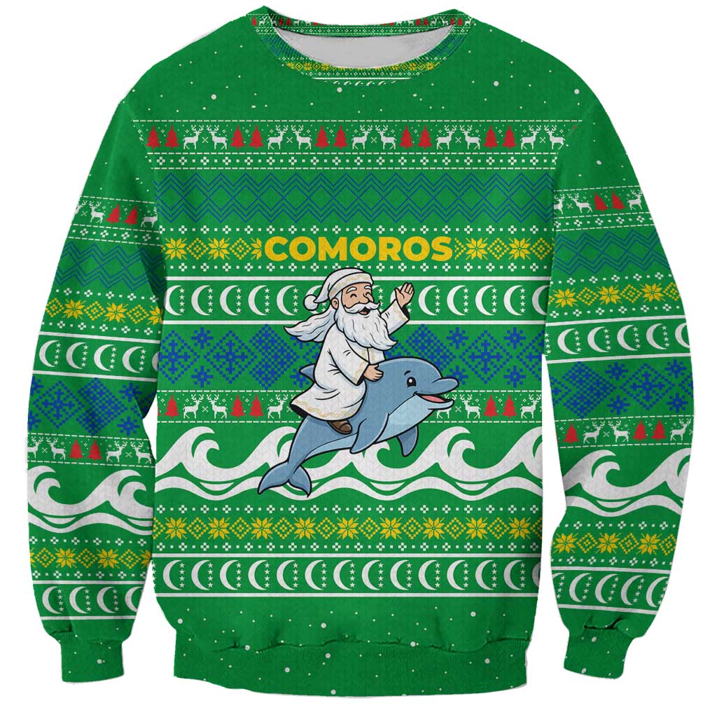 Comoros Christmas Sweatshirt with Santa Riding Dolphin Ocean Waves Crescent Moon and Tribal Pattern - Wonder Print Shop
