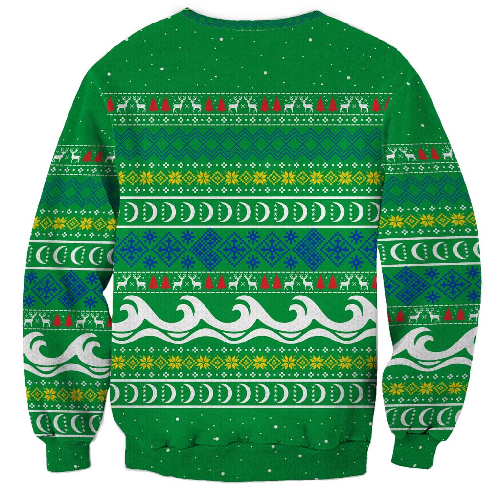 Comoros Christmas Sweatshirt with Santa Riding Dolphin Ocean Waves Crescent Moon and Tribal Pattern - Wonder Print Shop