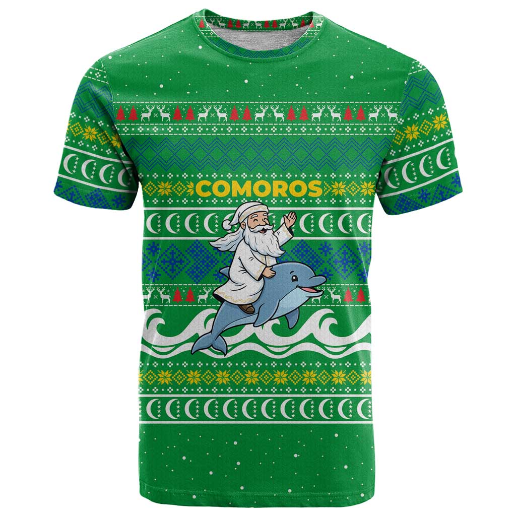 Comoros Christmas T Shirt with Santa Riding Dolphin Ocean Waves Crescent Moon and Tribal Pattern - Wonder Print Shop