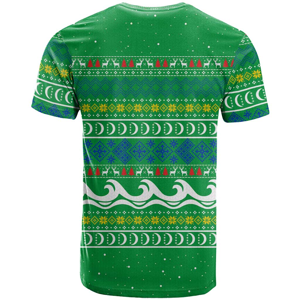 Comoros Christmas T Shirt with Santa Riding Dolphin Ocean Waves Crescent Moon and Tribal Pattern - Wonder Print Shop