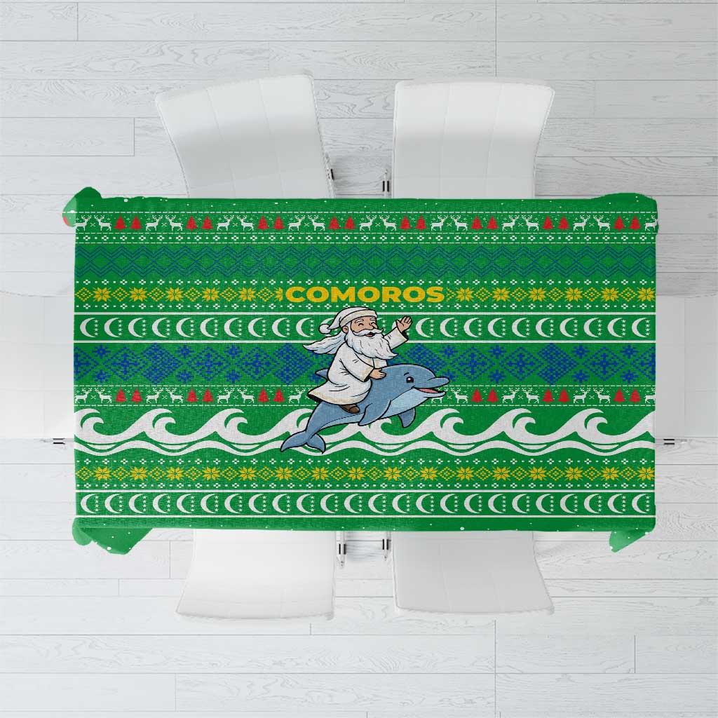 Comoros Christmas Tablecloth with Santa Riding Dolphin Ocean Waves Crescent Moon and Tribal Pattern - Wonder Print Shop
