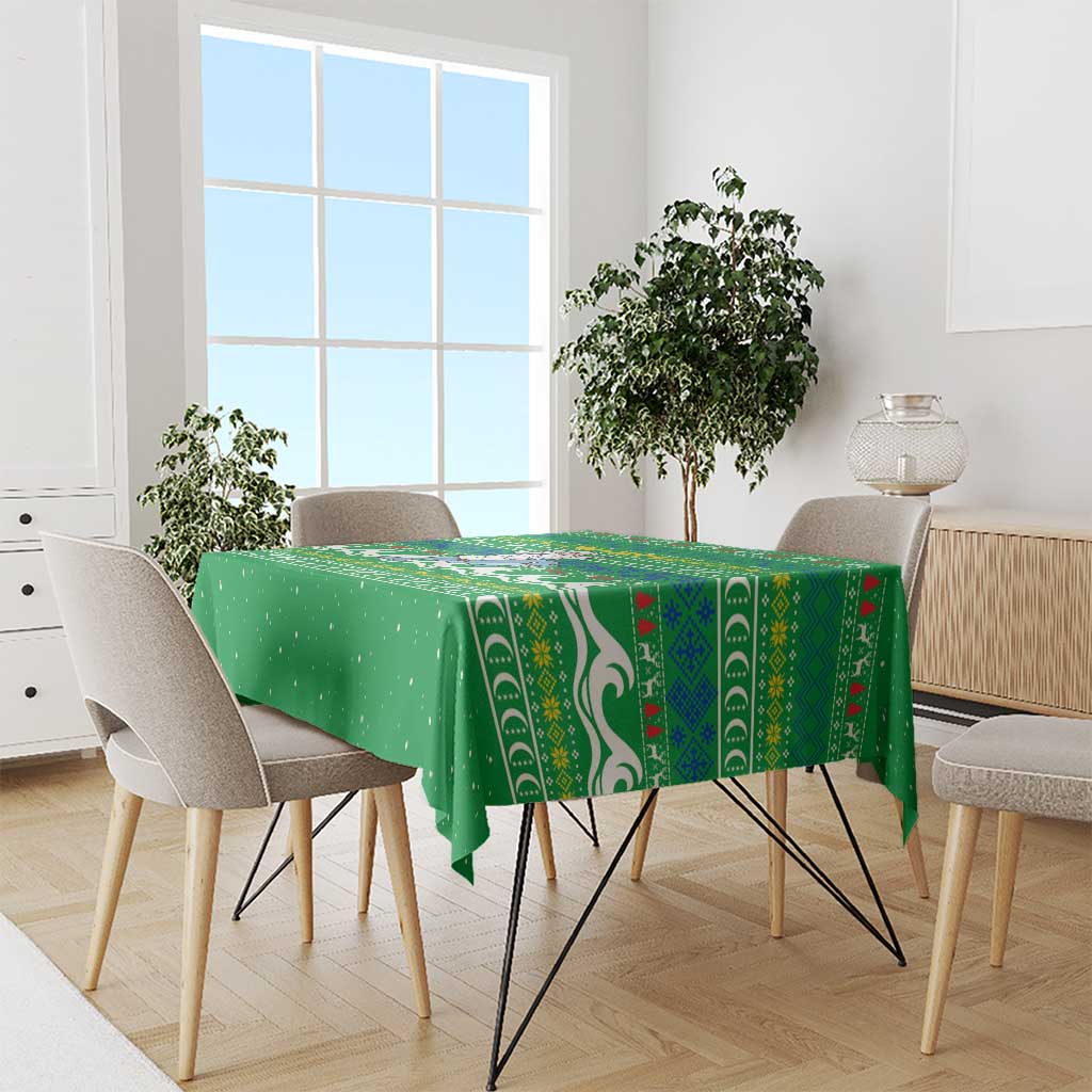 Comoros Christmas Tablecloth with Santa Riding Dolphin Ocean Waves Crescent Moon and Tribal Pattern - Wonder Print Shop