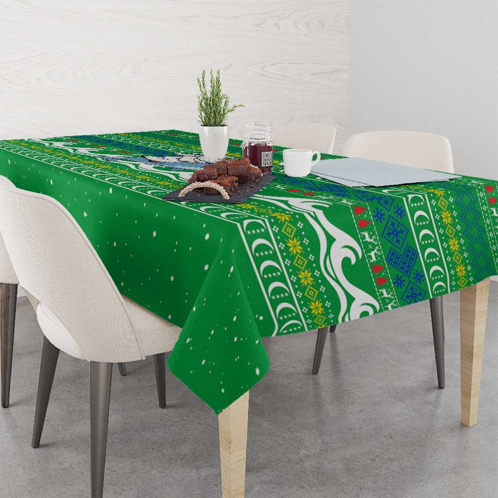 Comoros Christmas Tablecloth with Santa Riding Dolphin Ocean Waves Crescent Moon and Tribal Pattern - Wonder Print Shop