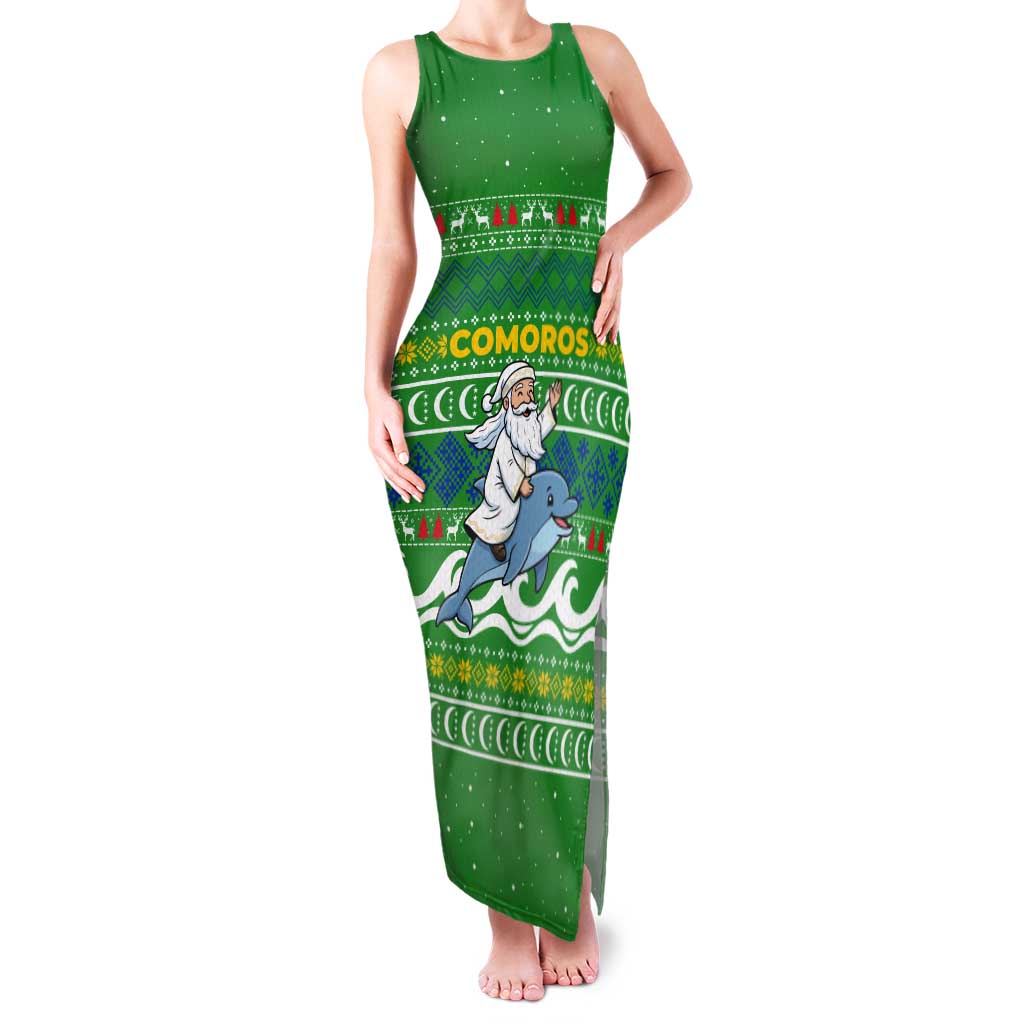 Comoros Christmas Tank Maxi Dress with Santa Riding Dolphin Ocean Waves Crescent Moon and Tribal Pattern - Wonder Print Shop