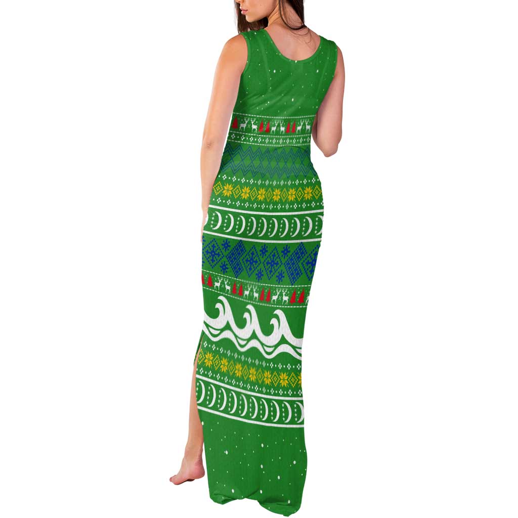 Comoros Christmas Tank Maxi Dress with Santa Riding Dolphin Ocean Waves Crescent Moon and Tribal Pattern - Wonder Print Shop
