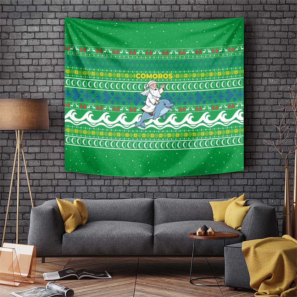 Comoros Christmas Tapestry with Santa Riding Dolphin Ocean Waves Crescent Moon and Tribal Pattern - Wonder Print Shop