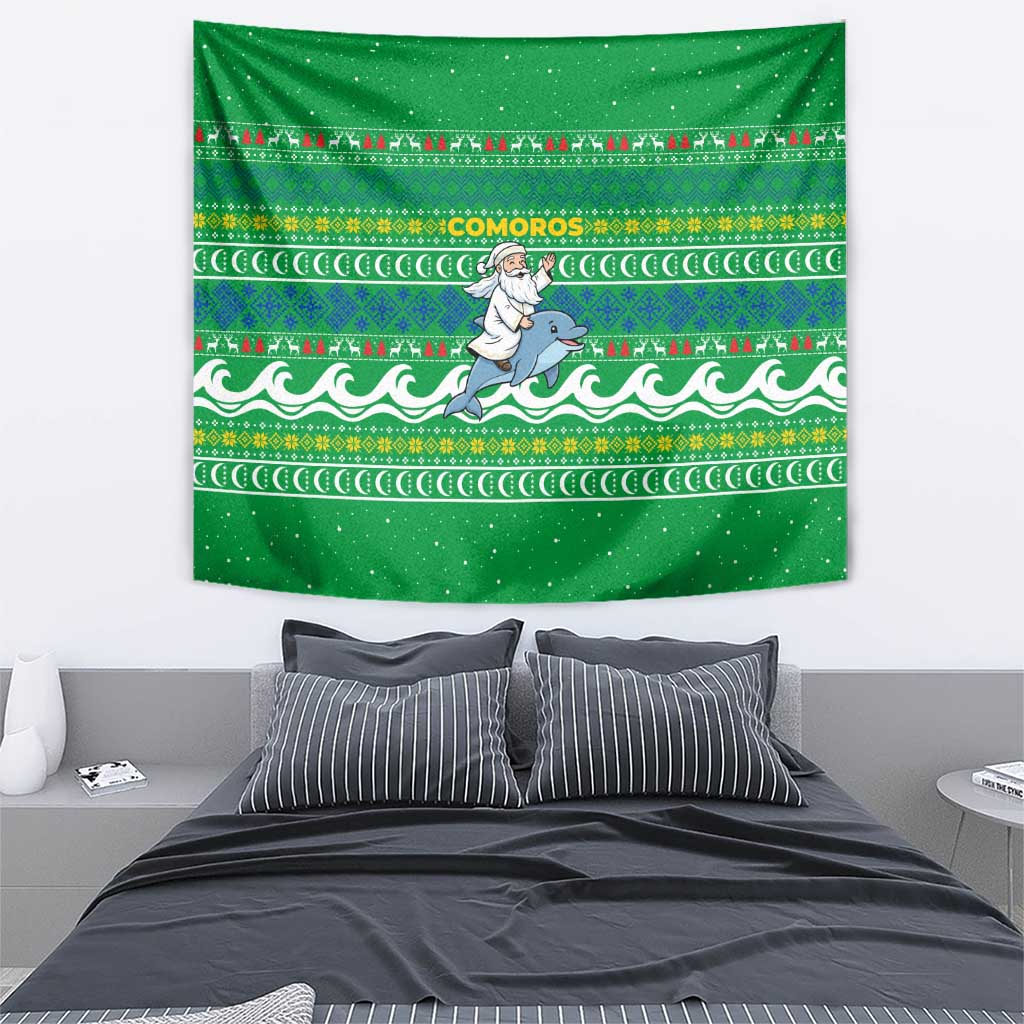 Comoros Christmas Tapestry with Santa Riding Dolphin Ocean Waves Crescent Moon and Tribal Pattern - Wonder Print Shop