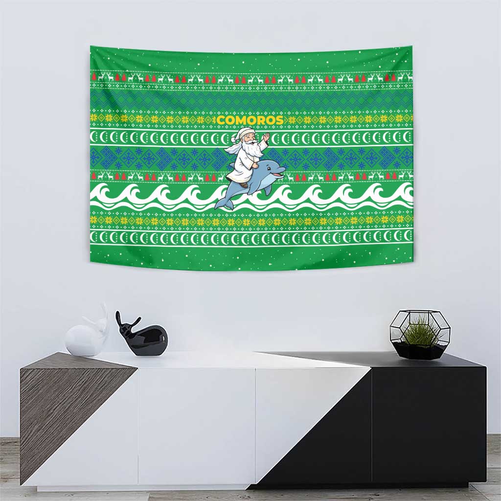 Comoros Christmas Tapestry with Santa Riding Dolphin Ocean Waves Crescent Moon and Tribal Pattern - Wonder Print Shop