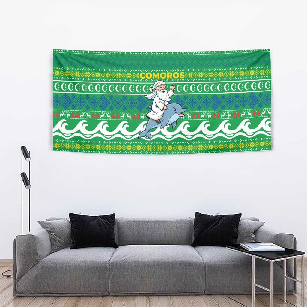 Comoros Christmas Tapestry with Santa Riding Dolphin Ocean Waves Crescent Moon and Tribal Pattern - Wonder Print Shop