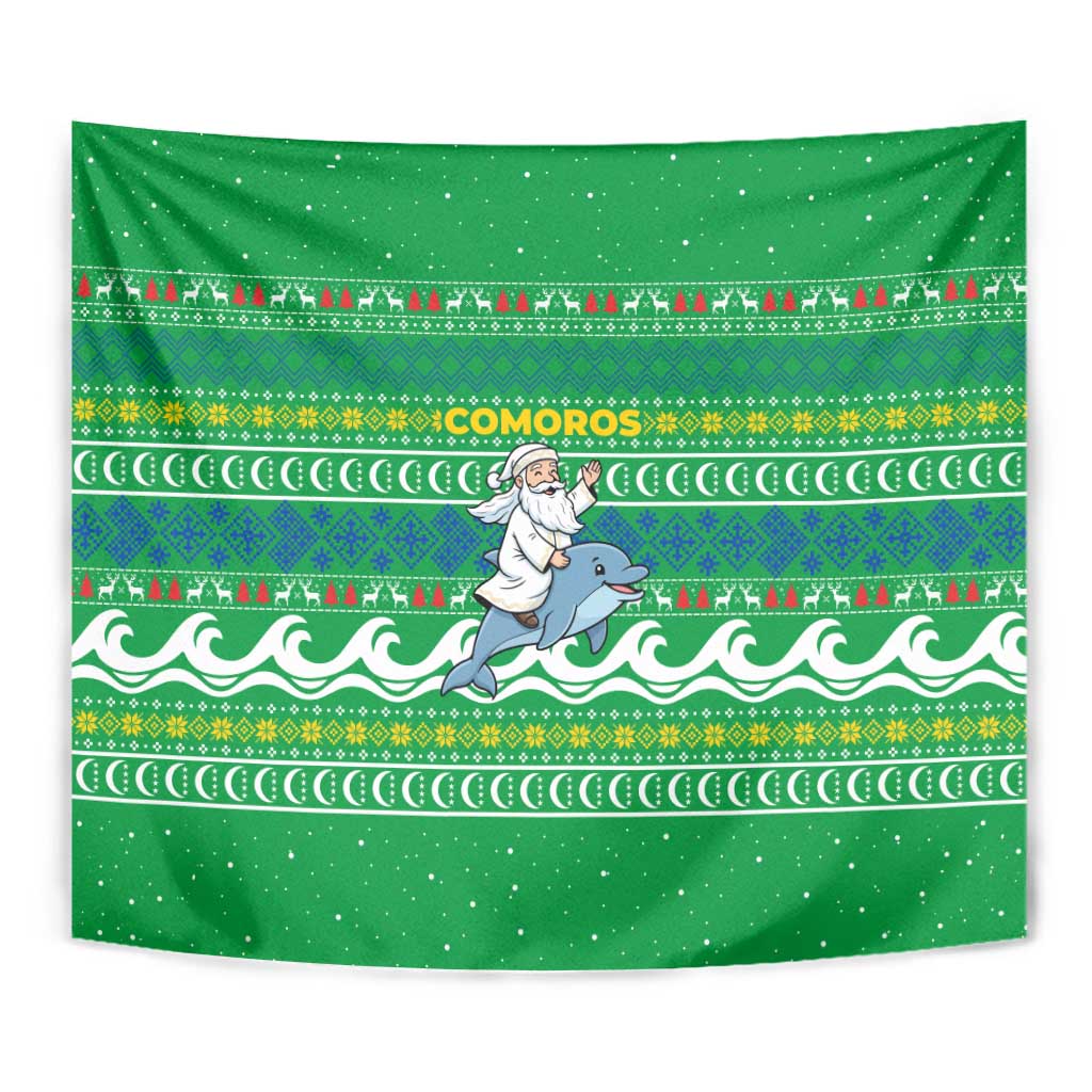 Comoros Christmas Tapestry with Santa Riding Dolphin Ocean Waves Crescent Moon and Tribal Pattern - Wonder Print Shop