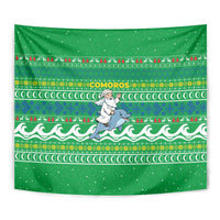 Comoros Christmas Tapestry with Santa Riding Dolphin Ocean Waves Crescent Moon and Tribal Pattern - Wonder Print Shop