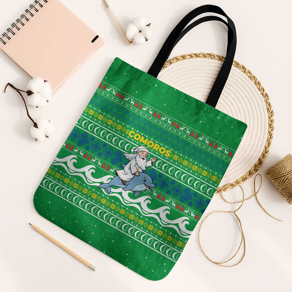 Comoros Christmas Tote Bag with Santa Riding Dolphin Ocean Waves Crescent Moon and Tribal Pattern - Wonder Print Shop