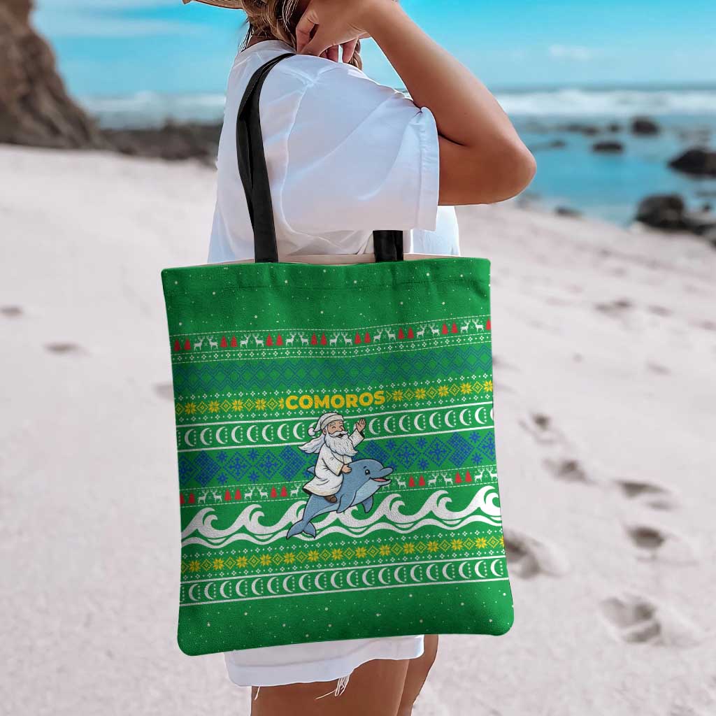 Comoros Christmas Tote Bag with Santa Riding Dolphin Ocean Waves Crescent Moon and Tribal Pattern - Wonder Print Shop