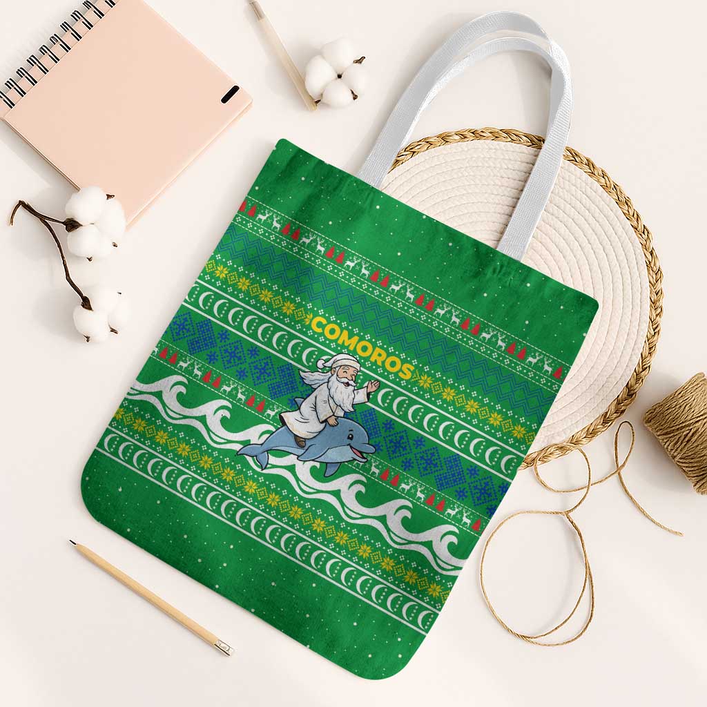 Comoros Christmas Tote Bag with Santa Riding Dolphin Ocean Waves Crescent Moon and Tribal Pattern - Wonder Print Shop