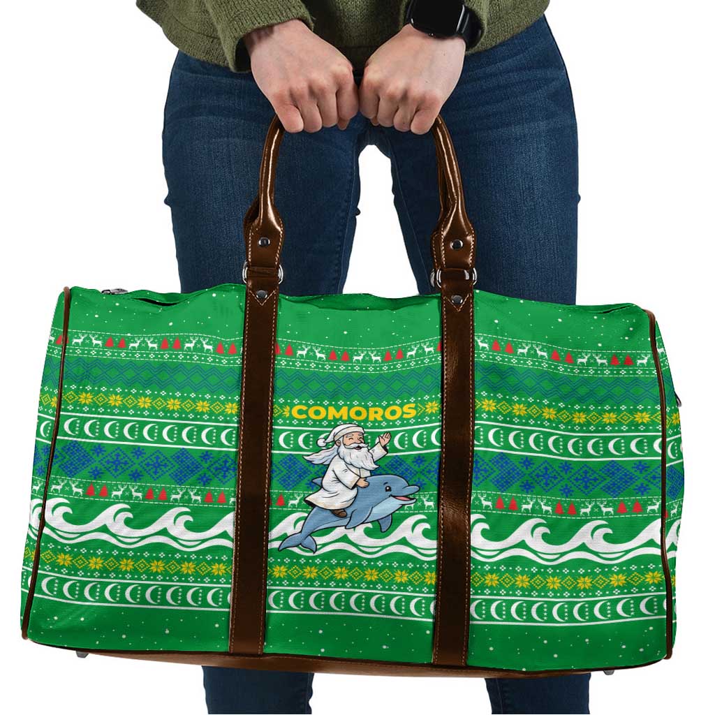 Comoros Christmas Travel Bag with Santa Riding Dolphin Ocean Waves Crescent Moon and Tribal Pattern - Wonder Print Shop