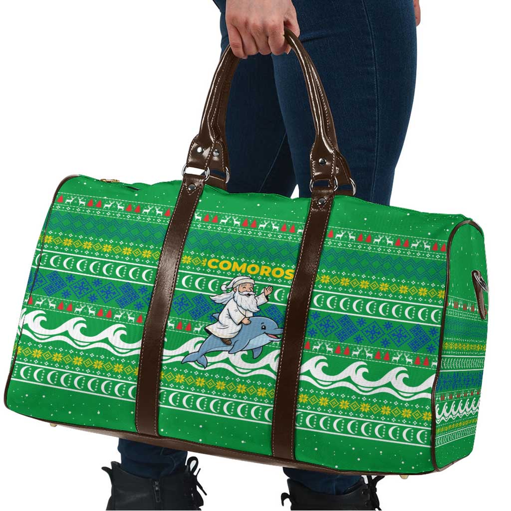 Comoros Christmas Travel Bag with Santa Riding Dolphin Ocean Waves Crescent Moon and Tribal Pattern - Wonder Print Shop