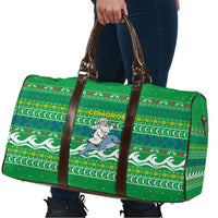 Comoros Christmas Travel Bag with Santa Riding Dolphin Ocean Waves Crescent Moon and Tribal Pattern - Wonder Print Shop