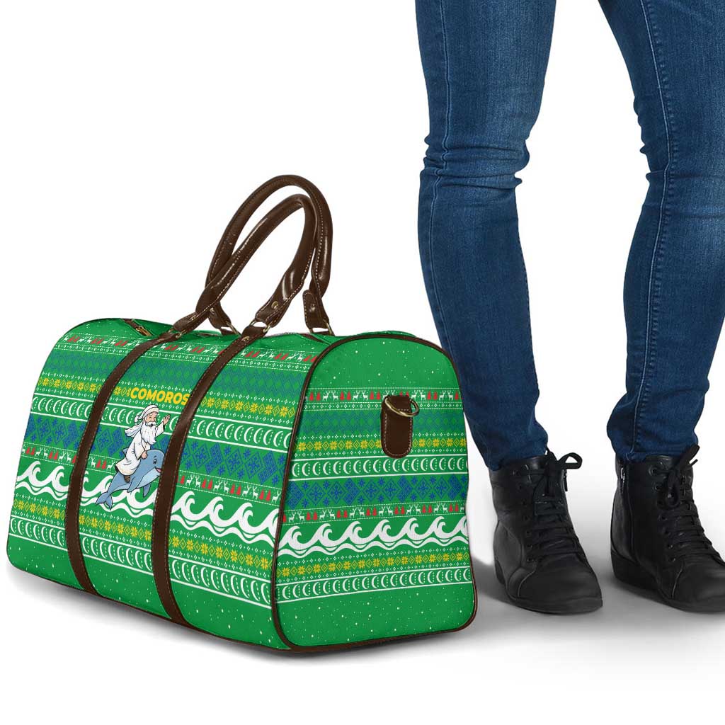 Comoros Christmas Travel Bag with Santa Riding Dolphin Ocean Waves Crescent Moon and Tribal Pattern - Wonder Print Shop