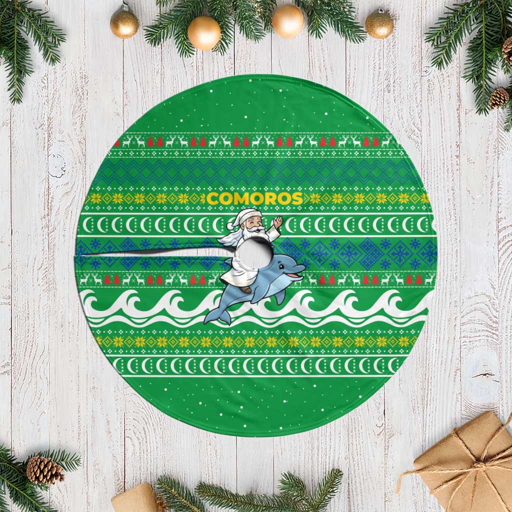 Comoros Christmas Tree Skirt with Santa Riding Dolphin Ocean Waves Crescent Moon and Tribal Pattern - Wonder Print Shop