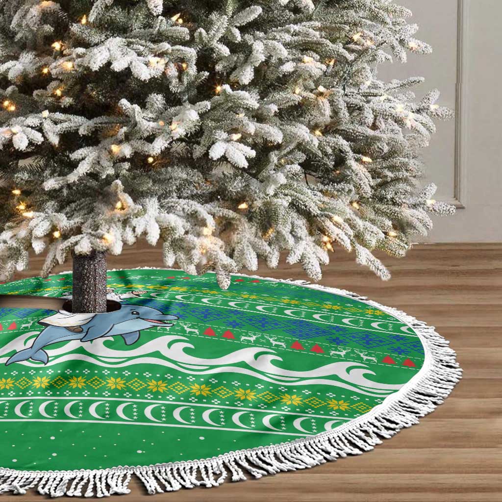 Comoros Christmas Tree Skirt with Santa Riding Dolphin Ocean Waves Crescent Moon and Tribal Pattern - Wonder Print Shop
