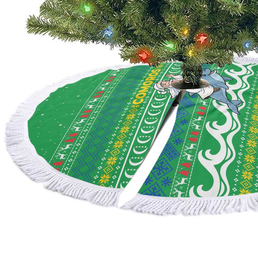 Comoros Christmas Tree Skirt with Santa Riding Dolphin Ocean Waves Crescent Moon and Tribal Pattern - Wonder Print Shop