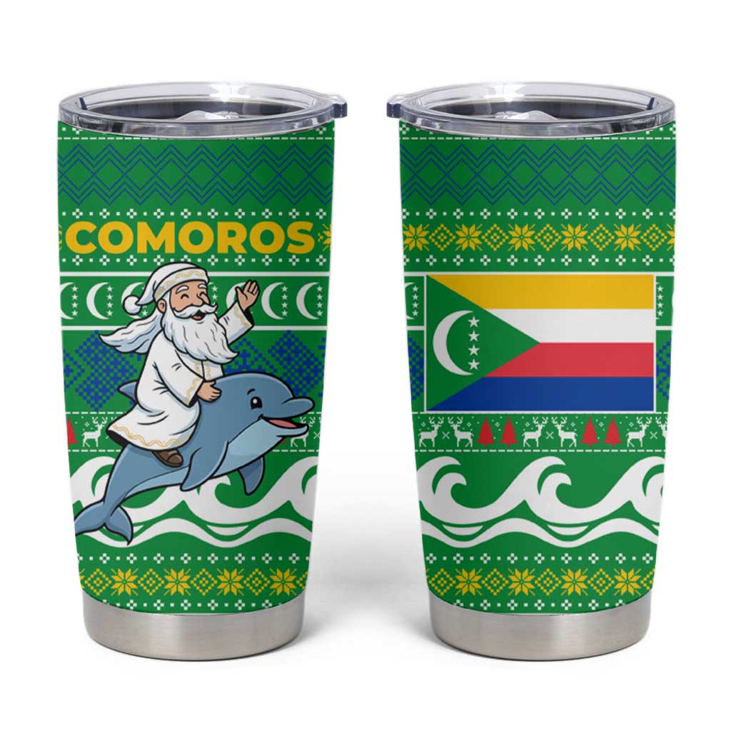 Comoros Christmas Tumbler Cup with Santa Riding Dolphin Ocean Waves Crescent Moon and Tribal Pattern - Wonder Print Shop