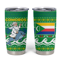 Comoros Christmas Tumbler Cup with Santa Riding Dolphin Ocean Waves Crescent Moon and Tribal Pattern - Wonder Print Shop