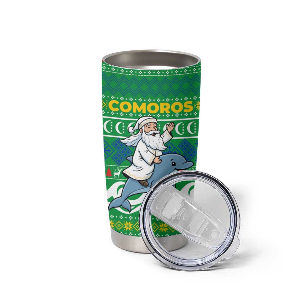 Comoros Christmas Tumbler Cup with Santa Riding Dolphin Ocean Waves Crescent Moon and Tribal Pattern - Wonder Print Shop