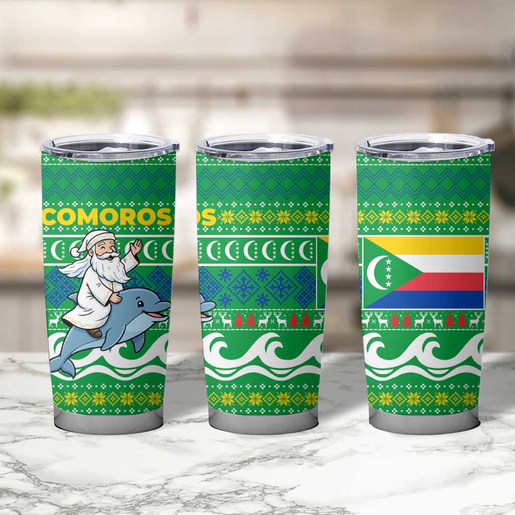 Comoros Christmas Tumbler Cup with Santa Riding Dolphin Ocean Waves Crescent Moon and Tribal Pattern - Wonder Print Shop