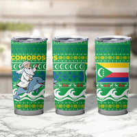 Comoros Christmas Tumbler Cup with Santa Riding Dolphin Ocean Waves Crescent Moon and Tribal Pattern - Wonder Print Shop