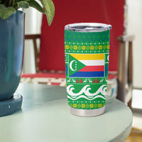 Comoros Christmas Tumbler Cup with Santa Riding Dolphin Ocean Waves Crescent Moon and Tribal Pattern - Wonder Print Shop