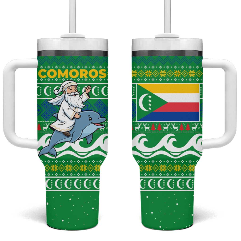 Comoros Christmas Tumbler With Handle with Santa Riding Dolphin Ocean Waves Crescent Moon and Tribal Pattern - Wonder Print Shop