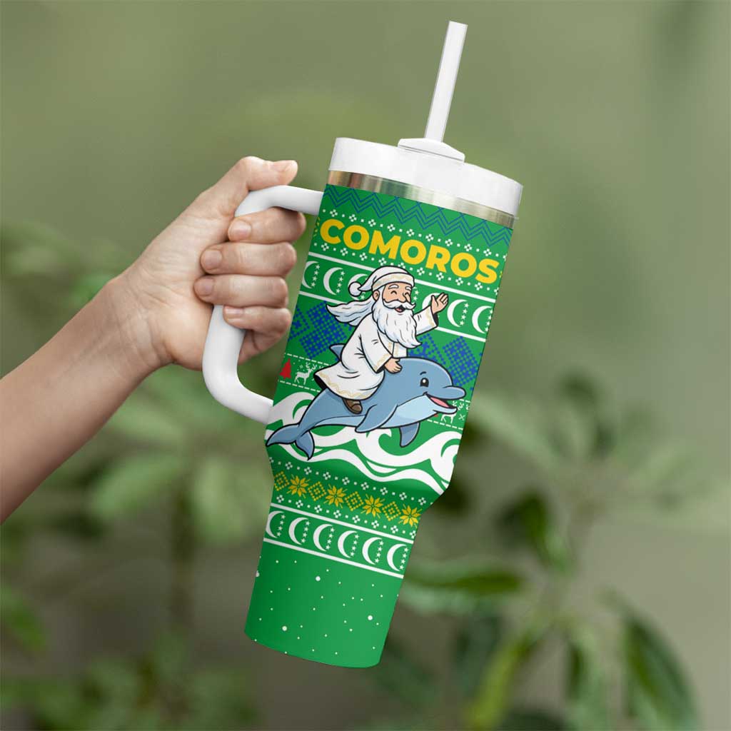 Comoros Christmas Tumbler With Handle with Santa Riding Dolphin Ocean Waves Crescent Moon and Tribal Pattern - Wonder Print Shop