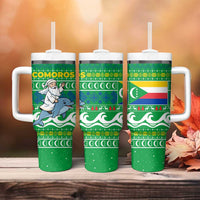 Comoros Christmas Tumbler With Handle with Santa Riding Dolphin Ocean Waves Crescent Moon and Tribal Pattern - Wonder Print Shop