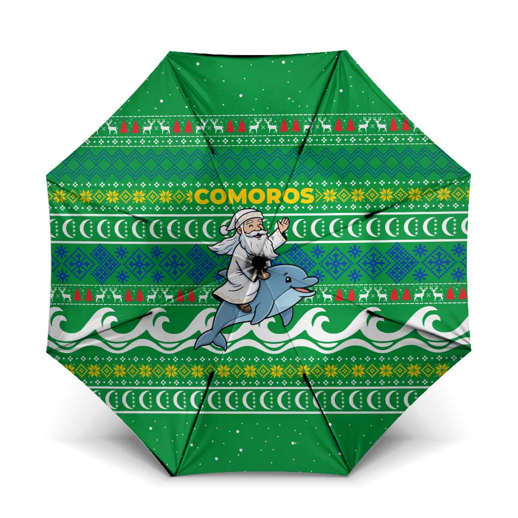 Comoros Christmas Umbrella with Santa Riding Dolphin Ocean Waves Crescent Moon and Tribal Pattern - Wonder Print Shop