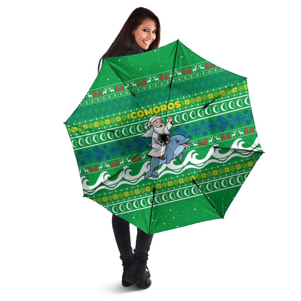Comoros Christmas Umbrella with Santa Riding Dolphin Ocean Waves Crescent Moon and Tribal Pattern - Wonder Print Shop