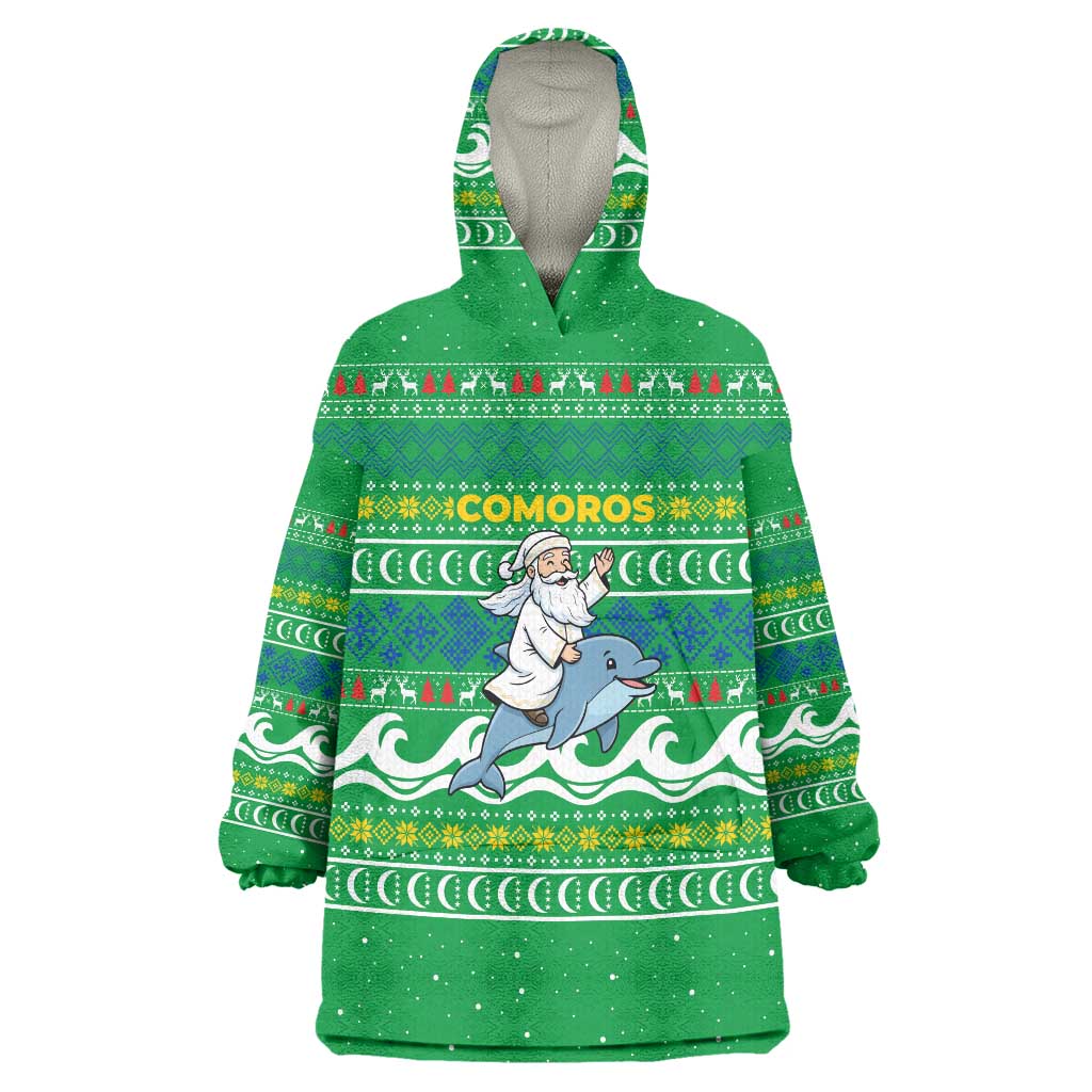 Comoros Christmas Wearable Blanket Hoodie with Santa Riding Dolphin Ocean Waves Crescent Moon and Tribal Pattern - Wonder Print Shop