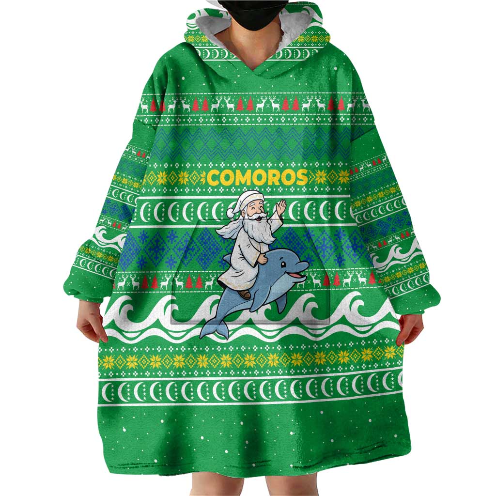 Comoros Christmas Wearable Blanket Hoodie with Santa Riding Dolphin Ocean Waves Crescent Moon and Tribal Pattern - Wonder Print Shop