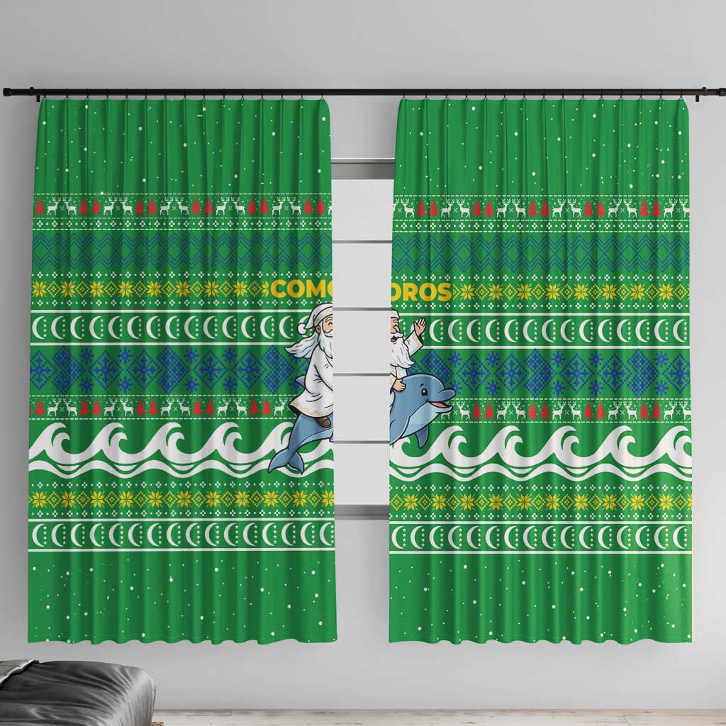 Comoros Christmas Window Curtain with Santa Riding Dolphin Ocean Waves Crescent Moon and Tribal Pattern - Wonder Print Shop