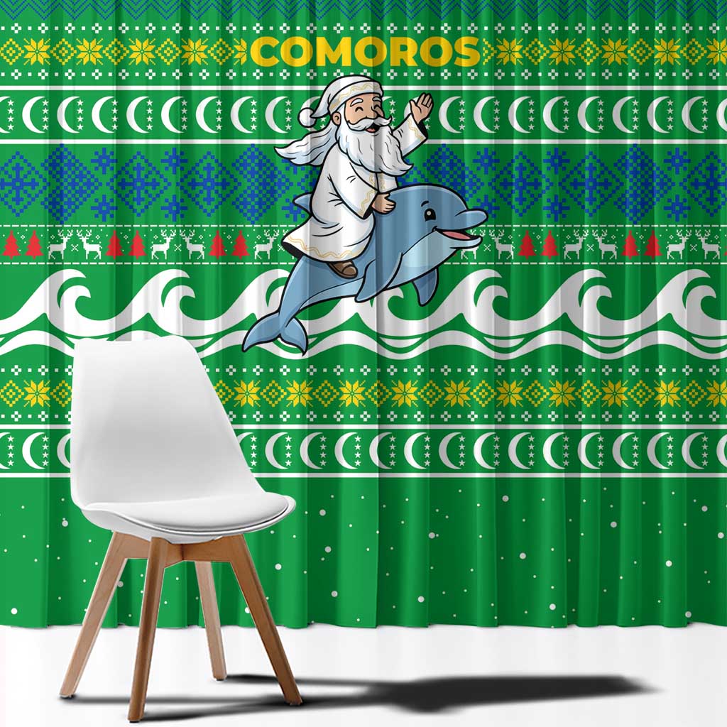 Comoros Christmas Window Curtain with Santa Riding Dolphin Ocean Waves Crescent Moon and Tribal Pattern - Wonder Print Shop