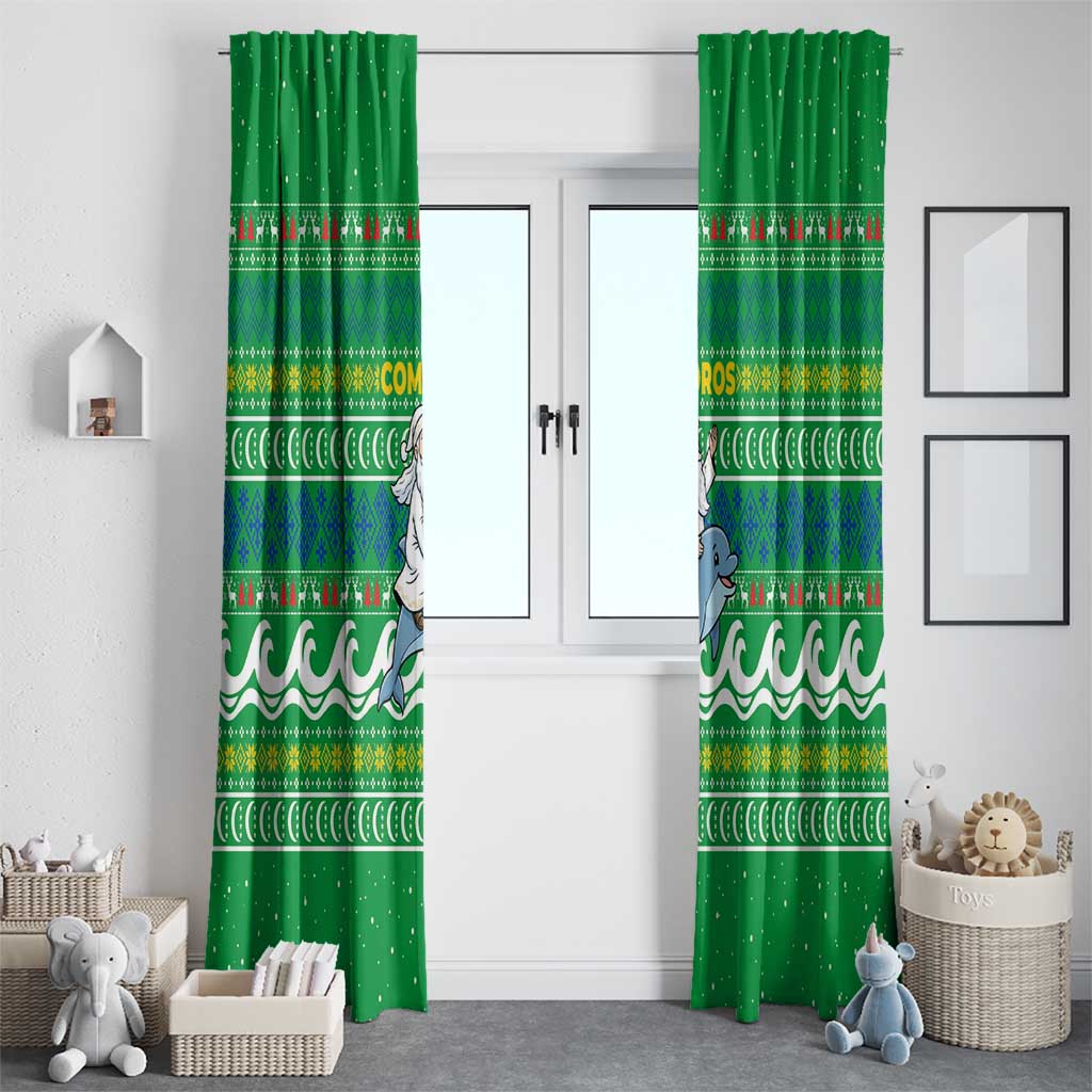 Comoros Christmas Window Curtain with Santa Riding Dolphin Ocean Waves Crescent Moon and Tribal Pattern - Wonder Print Shop