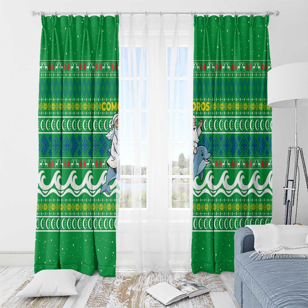 Comoros Christmas Window Curtain with Santa Riding Dolphin Ocean Waves Crescent Moon and Tribal Pattern - Wonder Print Shop