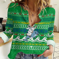 Comoros Christmas Women Casual Shirt with Santa Riding Dolphin Ocean Waves Crescent Moon and Tribal Pattern - Wonder Print Shop