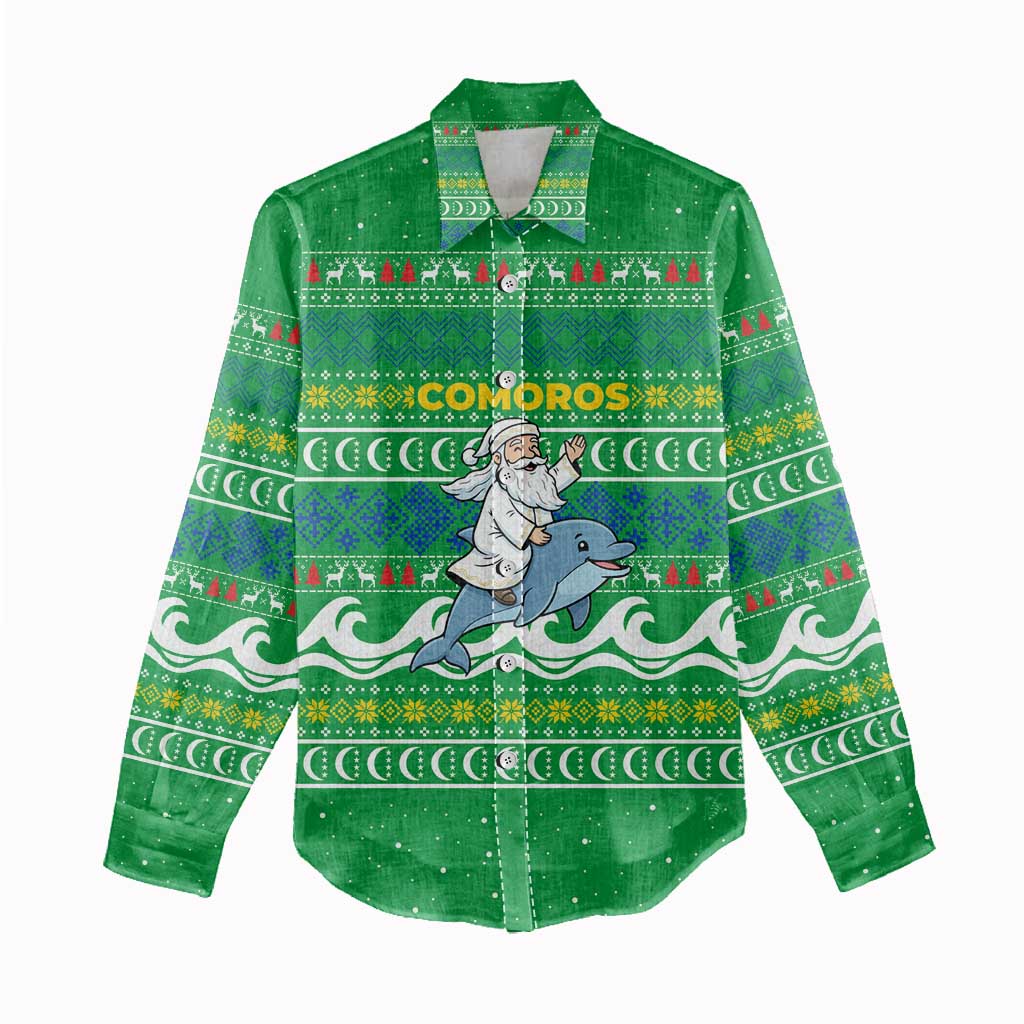 Comoros Christmas Women Casual Shirt with Santa Riding Dolphin Ocean Waves Crescent Moon and Tribal Pattern - Wonder Print Shop