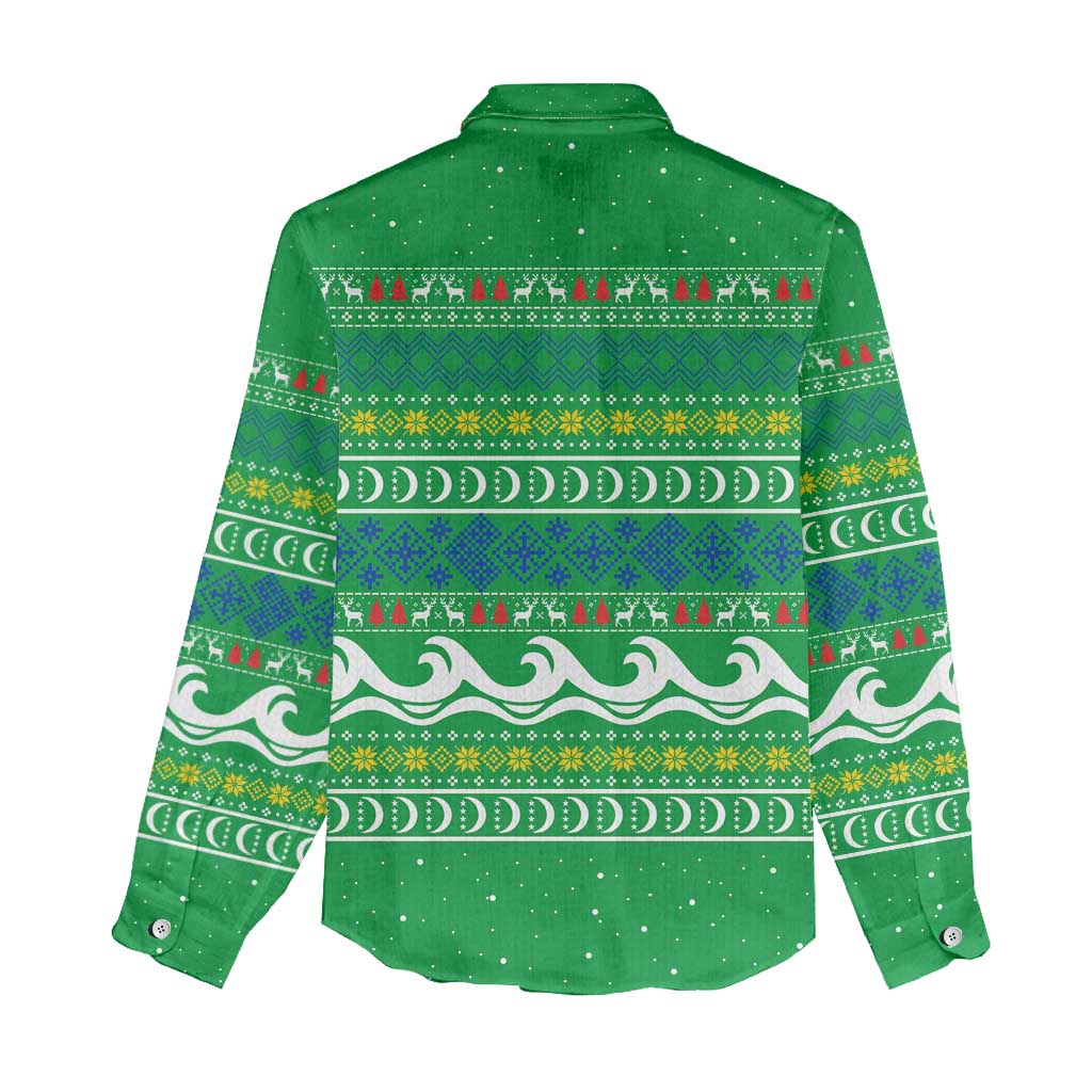 Comoros Christmas Women Casual Shirt with Santa Riding Dolphin Ocean Waves Crescent Moon and Tribal Pattern - Wonder Print Shop