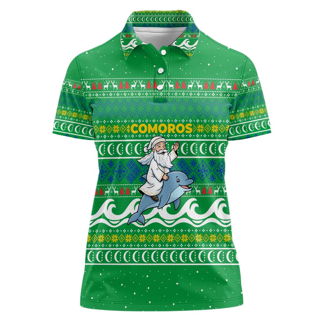 Comoros Christmas Women Polo Shirt with Santa Riding Dolphin Ocean Waves Crescent Moon and Tribal Pattern - Wonder Print Shop