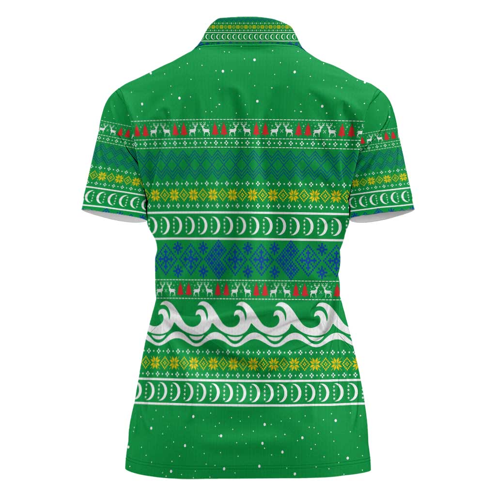 Comoros Christmas Women Polo Shirt with Santa Riding Dolphin Ocean Waves Crescent Moon and Tribal Pattern - Wonder Print Shop